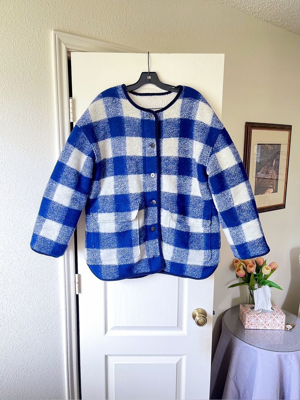 Sezane Farel Reversible Wool Jacket Blue Ecru Check US 12 NWT - Picture 2 of 11